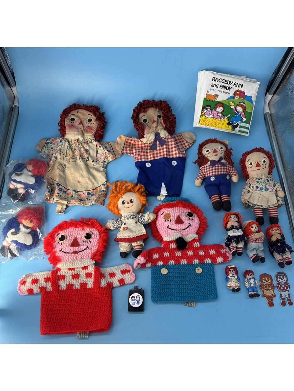 VTG Raggedy Ann & Andy Mixed Lot Dolls Puppets Magnets Mini Figures Bath Book